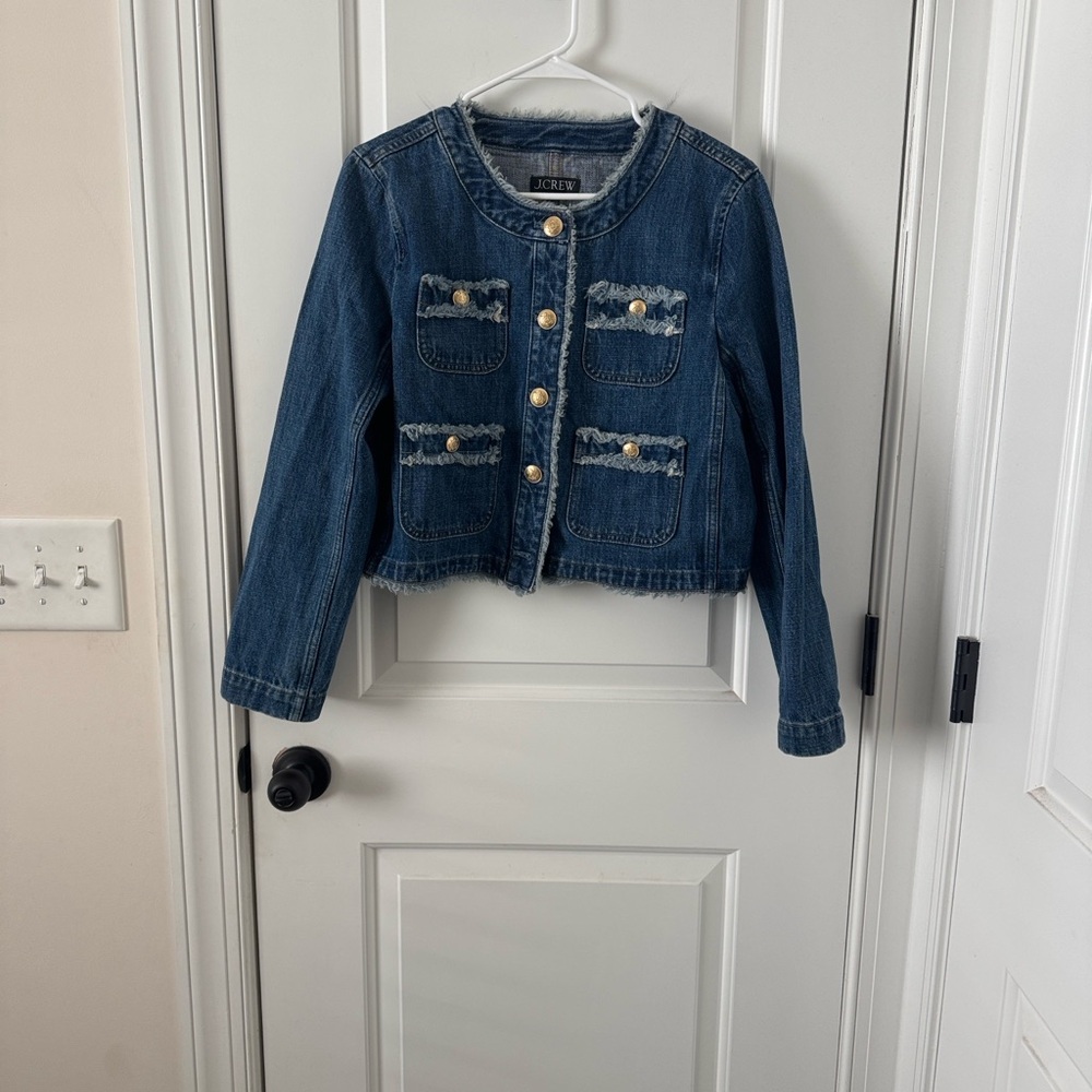 J. Crew Blue Denim Frayed Lady Day Jacket with Gold Buttons Size 8 - Picture 7 of 7